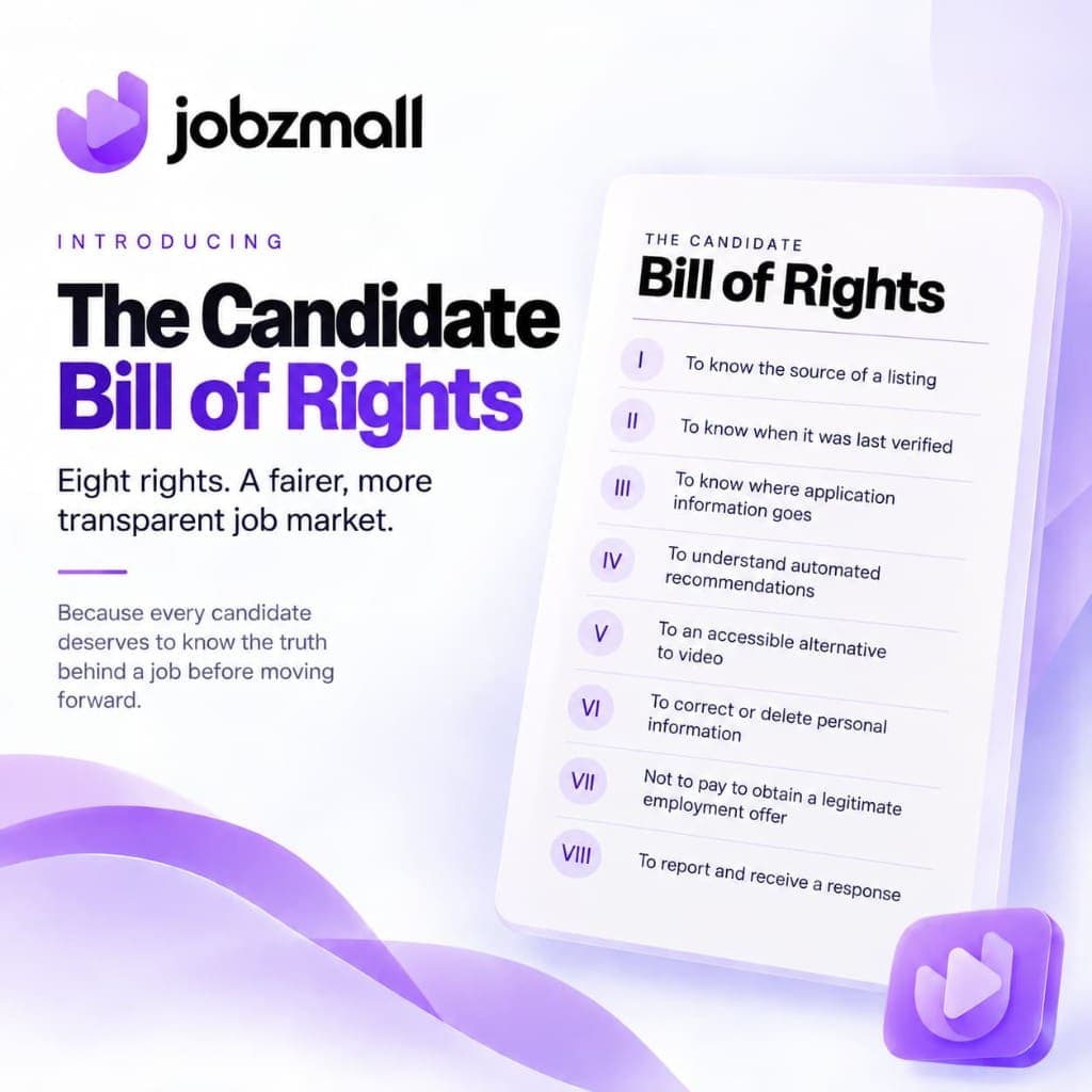 The Candidate Bill of Rights, listing eight rights including knowing a listing's source, where an application goes, and an accessible alternative to video.