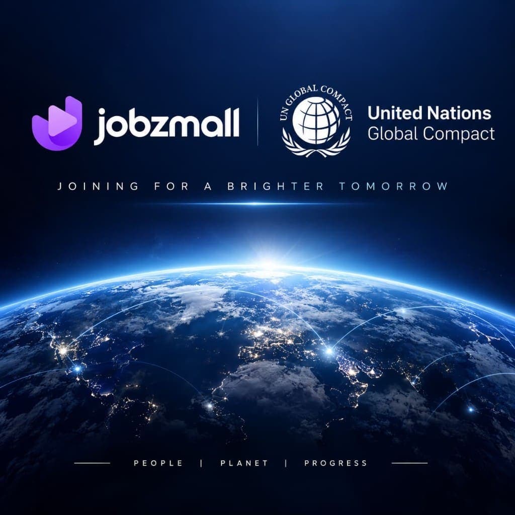 JobzMall and United Nations Global Compact announcement graphic: Joining for a brighter tomorrow. People, Planet, Progress.