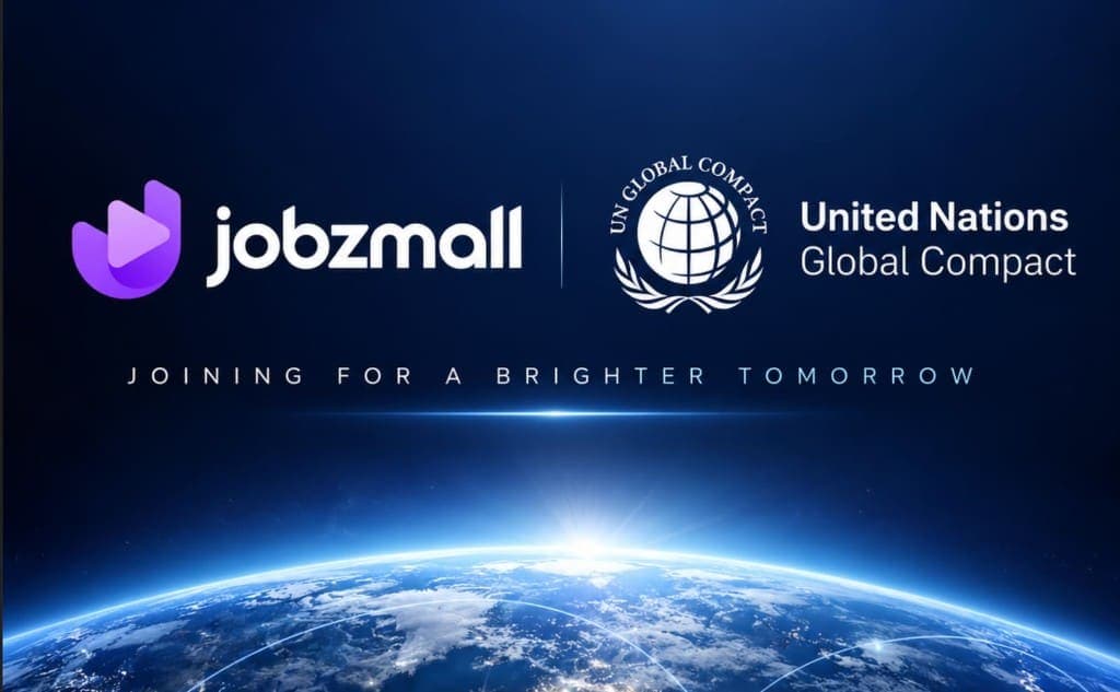 JobzMall and United Nations Global Compact logos above Earth at night, marking JobzMall joining the UN Global Compact.
