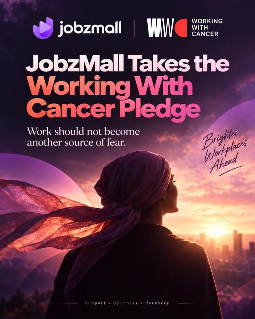 JobzMall Takes the Working with Cancer Pledge. A woman in a headscarf faces a sunrise. Work should not become another source of fear. Support, Openness, Recovery.
