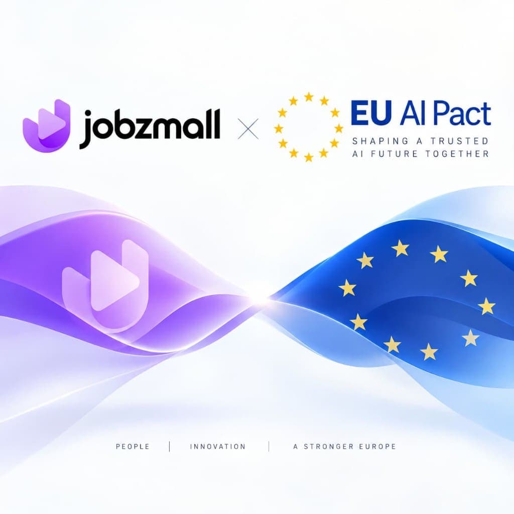 JobzMall and EU AI Pact announcement graphic: Shaping a trusted AI future together. People, Innovation, A Stronger Europe.