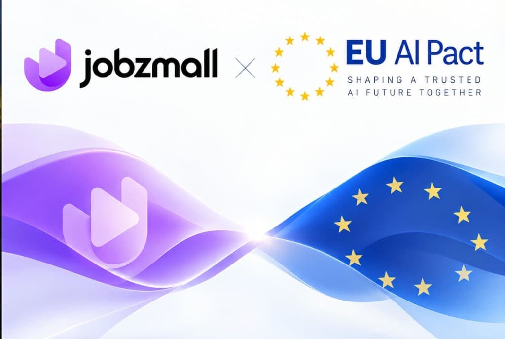JobzMall and EU AI Pact logos above intertwined purple and European flag ribbons, marking JobzMall joining the EU AI Pact.