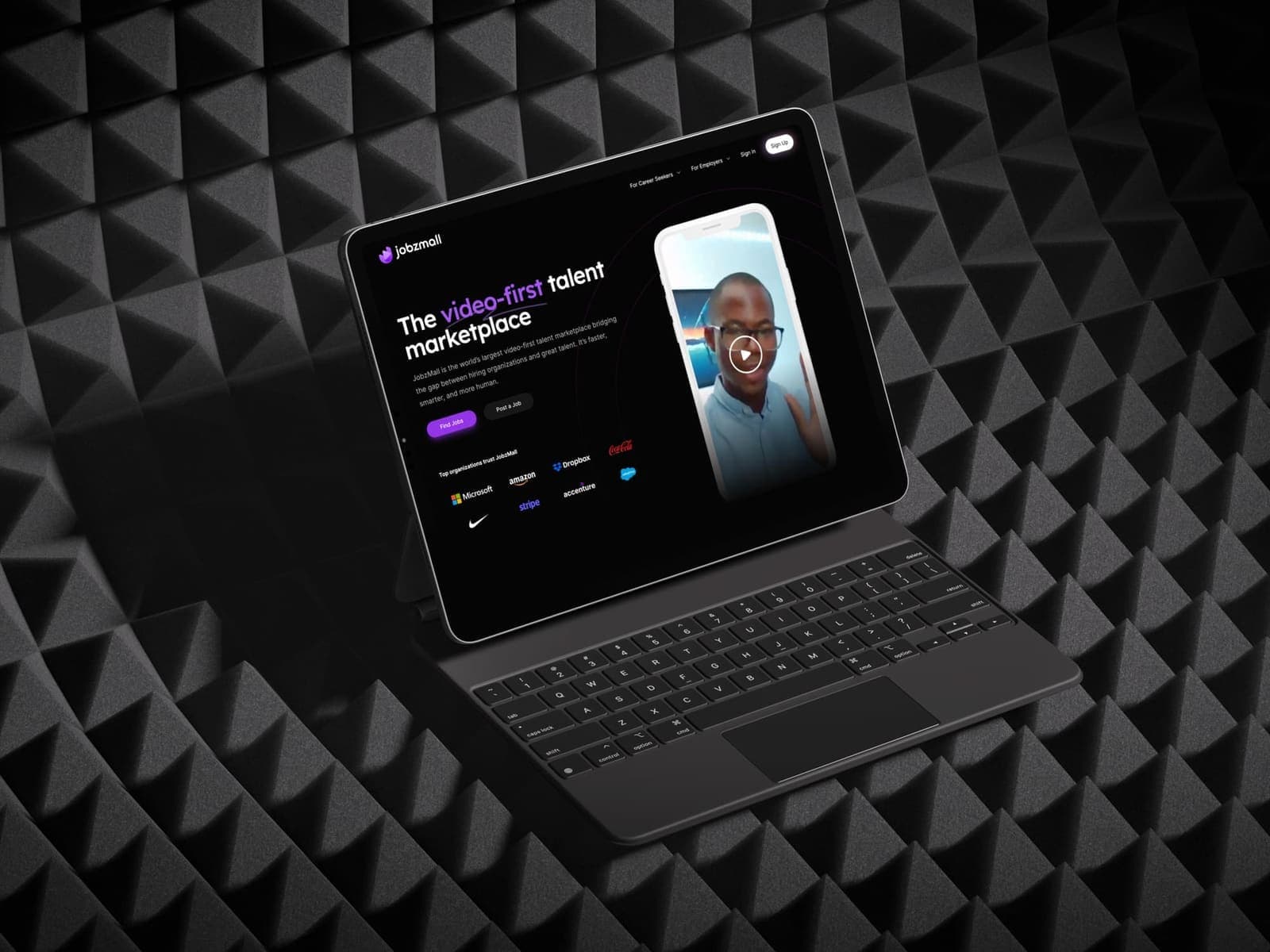 The JobzMall video-first talent marketplace displayed on an iPad Pro.